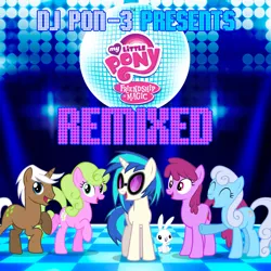 Size: 2400x2400 | Tagged: album, album cover, angel bunny, berry punch, berryshine, cover, cover art, daisy, dance floor, derpibooru import, disco, disco ball, dj pon-3 presents my little pony: friendship is magic remixed, flower wishes, linky, logo, merchandise, mochaccino, my little pony friendship is magic: remixed, my little pony logo, official, official art, rare find, remix, safe, shoeshine, vinyl scratch