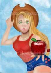 Size: 414x590 | Tagged: apple, applejack, artist:durriken, blonde, clothes, cowboy hat, denim, derpibooru import, freckles, hat, human, humanized, safe, shorts