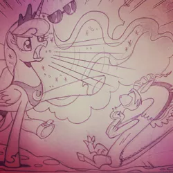 Size: 640x640 | Tagged: artist:brendahickey, derpibooru import, discord, idw, monochrome, princess luna, safe, spoiler:comic, spoiler:comicff20, traditional art, traditional royal canterlot voice, wip