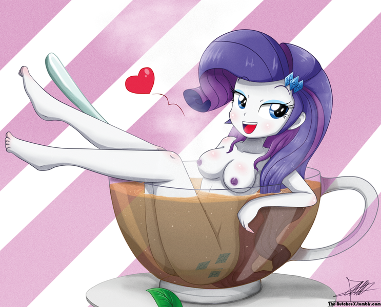Size: 1280x1033 | Tagged: questionable, artist:the-butch-x, derpibooru import, rarity, equestria girls, adorasexy, armpits, barefoot, bathing, bedroom eyes, blushing, breasts, busty rarity, cup, cute, feet, female, heart, lidded eyes, nipples, nudity, open mouth, play on words, pun, raritea, sexy, smiling, solo, solo female, steam, tea, teacup, visual pun, wet