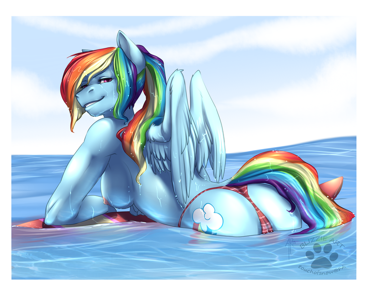 Size: 1200x960 | Tagged: questionable, artist:touchofsnow, derpibooru import, rainbow dash, anthro, pegasus, beach babe, bikini, breasts, busty rainbow dash, cameltoe, clothes, female, image, looking at you, looking back, looking back at you, nipples, nudity, partial nudity, partially open wings, png, seductive look, seductive pose, sideboob, solo, solo female, stupid sexy rainbow dash, surfboard, swimsuit, topless