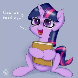 Size: 1200x1200 | Tagged: safe, artist:malwinters, derpibooru import, twilight sparkle, pony, unicorn, adorkable, book, cheek fluff, colored pupils, cute, dialogue, dork, ear fluff, female, filly, filly twilight sparkle, fluffy, glasses, gray background, hnnng, hug, looking up, open mouth, simple background, sitting, smiling, that pony sure does love books, twiabetes, weapons-grade cute