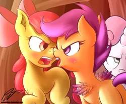 Size: 3000x2500 | Tagged: apple bloom, argument, artist:pajama-ham, cutie mark crusaders, derpibooru import, female, lesbian, safe, scootabloom, scootaloo, shipping, sweetie belle, sweetie belle is not amused