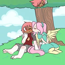 Size: 540x540 | Tagged: artist:mt, blushing, clothes, cloud, cloudy, derpibooru import, dress, female, kissing, male, oc, oc:broil, oc:ivy, oc:simmer, offspring, parent:fizzle, parent:fluttershy, peeking, safe, satyr, shipping, straight, tree, unofficial characters only