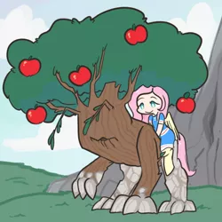Size: 540x540 | Tagged: safe, artist:mt, derpibooru import, oc, oc:gizmo, oc:ivy, unofficial characters only, golem, satyr, apple, apple tree, mount, mountain, offspring, parent:fluttershy, pet, pet oc, riding, smiling, tree