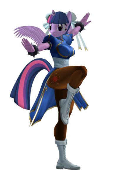 Size: 1119x1628 | Tagged: 3d, anthro, capcom, chun li, clothes, derpibooru import, pantyhose, safe, simple background, spiked wristband, street fighter, street fighter v, transparent background, twilight sparkle, twilight sparkle (alicorn)