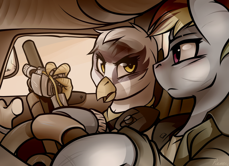 Size: 1280x933 | Tagged: safe, artist:whitepone, derpibooru import, gilda, rainbow dash, ponified, gryphon, pony, car, clothes, crossover, female, gun, imperator furiosa, mad max, mad max fury road, mare, max rockatansky, prosthetic limb, shotgun, war rig