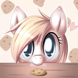 Size: 1024x1024 | Tagged: safe, artist:aryanne, derpibooru import, oc, oc:aryanne, unofficial characters only, pony, aryanbetes, blushing, cookie, cookie monster, cookie thief, cute, drool, ear blush, female, heart, hungry, looking at you, mouth hold, muzzle, nom, saliva puddle, solo, table