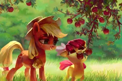 Size: 4133x2755 | Tagged: safe, artist:holivi, derpibooru import, apple bloom, applejack, earth pony, pony, absurd resolution, apple, bow, cute, duo, female, filly, food, freckles, grass, hair bow, hat, mare, scenery, sisters, smiling, tree