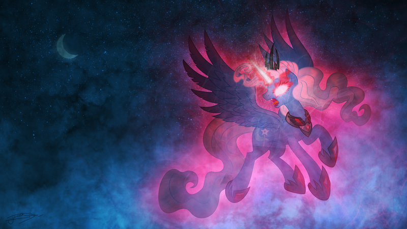 Size: 1920x1080 | Tagged: safe, artist:jamey4, artist:spier17, derpibooru import, edit, trixie, alicorn, pony, alicorn amulet, evil trixie, fangs, glowing eyes, magic, moon, vector, wallpaper, wallpaper edit