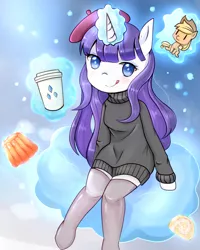 Size: 1024x1280 | Tagged: safe, artist:shouyu musume, derpibooru import, applejack, rarity, anthro, unguligrade anthro, sweet and elite, :p, arm hooves, beatnik rarity, beret, clothes, coffee cup, cup, female, hat, implied lesbian, implied rarijack, implied shipping, jello, licking, licking lips, pixiv, plushie, solo, stockings, sweater, tongue out, turtleneck