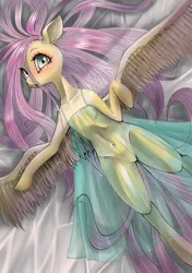 Size: 2039x2894 | Tagged: artist:unousaya, belly button, blushing, clothes, derpibooru import, dress, female, fluttershy, mare, see-through, semi-anthro, solo, suggestive