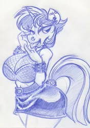 Size: 687x974 | Tagged: alternate hairstyle, anthro, artist:trollie trollenberg, belt, big breasts, bimbo, bimbo sparkle, bracelet, breasts, busty twilight sparkle, choker, cleavage, clothes, derpibooru import, ear piercing, earring, female, fishnets, huge breasts, monochrome, nose ring, piercing, punk, punklight sparkle, sexy, sketch, skirt, solo, solo female, suggestive, traditional art, twilight sparkle, twilight sparkle (alicorn), wristband