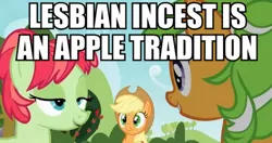 Size: 756x400 | Tagged: safe, derpibooru import, edit, edited screencap, screencap, apple dumpling, apple leaves, applejack, earth pony, pony, apple family reunion, apple, apple family member, bedroom eyes, caption, dumplingleaves, female, food, image macro, implied incest, implied lesbian, incest, lesbian, mare, meme, out of context, tree