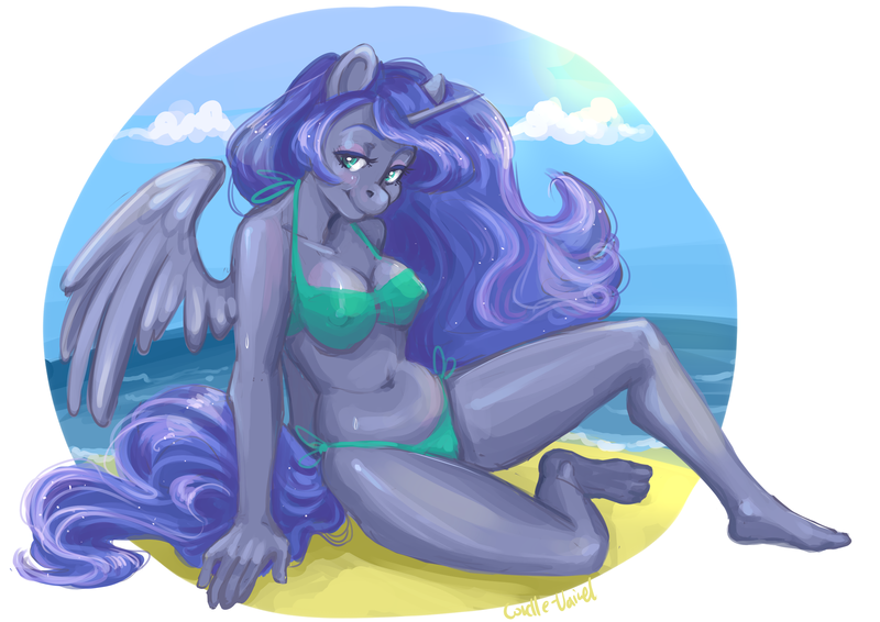 Size: 3507x2480 | Tagged: anthro, artist:corelle-vairel, barefoot, beach, bikini, breasts, clothes, derpibooru import, erect nipples, feet, female, plantigrade anthro, princess luna, solo, solo female, suggestive, swimsuit