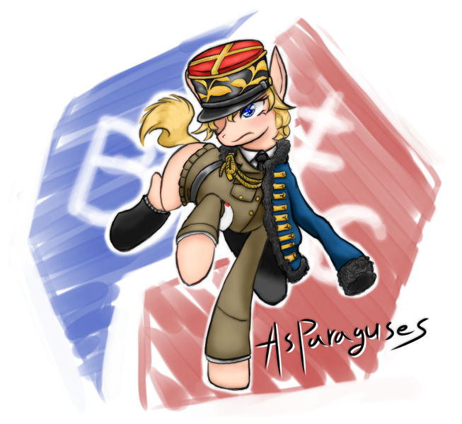 Size: 1112x1022 | Tagged: armband, artist:juuen sharin, asparagus, b.c. freedom, boots, derpibooru import, emblem, girls und panzer, military, military uniform, ponified, safe, solo