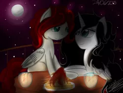 Size: 1600x1200 | Tagged: artist:scarlett-letter, couple, derpibooru import, dinner, female, food, love, male, moon, night, oc, oc:flutterblast, oc:orlenn crystal bitz, romantic, safe, shipping, spaguetti, starry sky, stars, straight, unofficial characters only