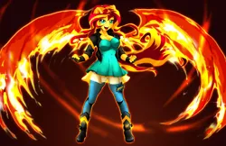 Size: 1280x828 | Tagged: safe, artist:animeclaro, derpibooru import, sunset shimmer, equestria girls, my past is not today, breasts, busty sunset shimmer, cleavage, clothes, female, fiery wings, looking back, ponied up, smiling, solo