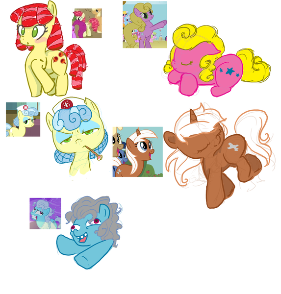 Size: 1101x1153 | Tagged: artist:cloverminto, background pony, candy twirl, derpibooru import, fall weather friends, lucky star (character), nurse coldheart, oregon trail (character), read it and weep, safe, screw loose, silver spanner, the super speedy cider squeezy 6000