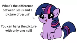 Size: 1194x668 | Tagged: christianity, crossing the line twice, crucifixion, derpibooru import, exploitable meme, filly, filly twilight sparkle, filly twilight telling an offensive joke, grimdark, jesus christ, meme, obligatory pony, religion, twilight sparkle, vulgar, we are going to hell