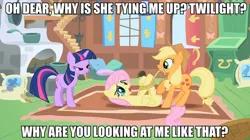 Size: 1000x560 | Tagged: safe, derpibooru import, edit, edited screencap, screencap, applejack, fluttershy, twilight sparkle, earth pony, pegasus, pony, unicorn, the return of harmony, bedroom eyes, bondage, caption, female, hogtied, image macro, imminent rape, implied rape, mare, on back, out of context, rope, tied up