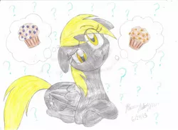 Size: 1755x1275 | Tagged: safe, artist:semijuggalo, derpibooru import, derpy hooves, pegasus, pony, confused, cute, female, floppy ears, frown, head tilt, mare, muffin, prone, question mark, raised eyebrow, solo, thinking, thought bubble