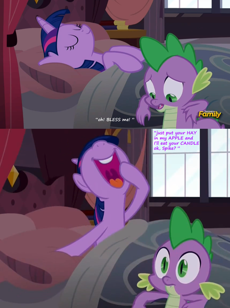 Size: 2000x2674 | Tagged: suggestive, artist:titanium-pony, derpibooru import, edit, edited screencap, screencap, spike, twilight sparkle, twilight sparkle (alicorn), alicorn, pony, princess spike (episode), 2 panel comic, bed, bedroom, caption, comic, discovery family logo, female, mare, my body is ready, open mouth, screencap comic, sleeping, volumetric mouth, window