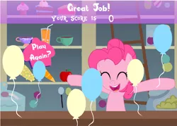 Size: 722x517 | Tagged: 0, balloon, cheering, derpibooru import, fail, failure, flash game, funny, loser, pinkie pie, safe, solo, sugarcube corner, you had one job