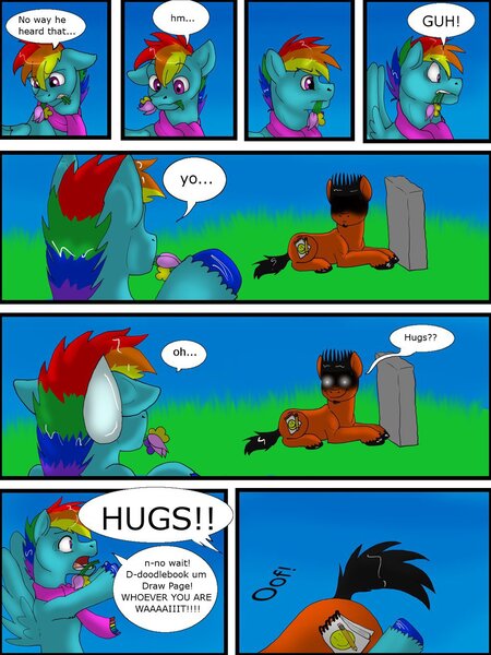 Size: 1024x1365 | Tagged: safe, artist:tristanjsolarez, derpibooru import, rainbow dash, oc, earth pony, pegasus, pony, comic:trans ponies, clothes, comic, duo, flower, glomp, gravestone, male, mouth hold, rapeface, scarf, stallion, transgender