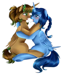 Size: 2102x2534 | Tagged: suggestive, artist:pridark, derpibooru import, oc, unofficial characters only, alicorn, pony, alicorn oc, bedroom eyes, blushing, braid, drool, drool string, eye contact, female, hug, kissing, lesbian, open mouth, shipping, simple background, sitting, sloppy kissing, smiling, tail wrap, tongue out, transparent background