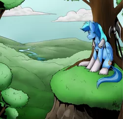 Size: 2000x1918 | Tagged: safe, artist:aphexangel, derpibooru import, oc, oc:umami stale, unofficial characters only, pegasus, pony, armor, looking away, scene interpretation, sitting, under the tree, weapon