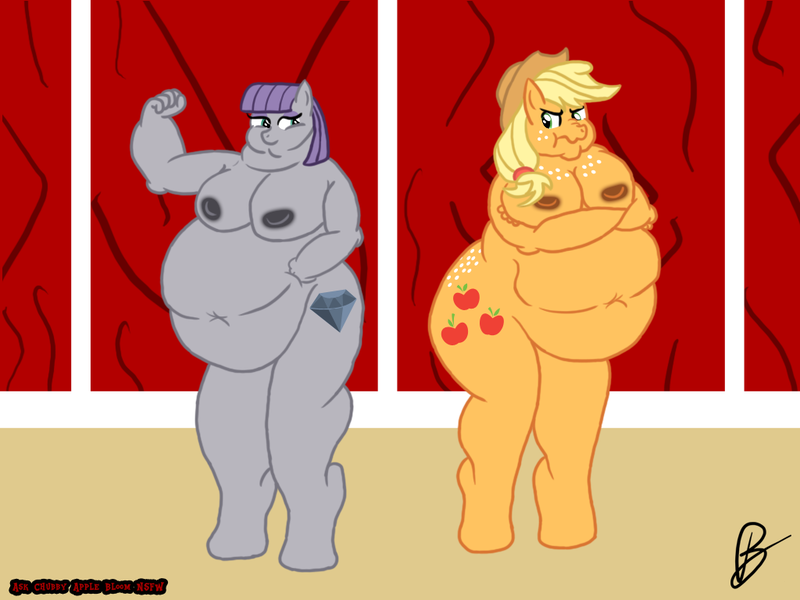 Size: 1024x768 | Tagged: anthro, applefat, applejack, artist:1992zepeda, breasts, couple, crossed arms, derpibooru import, fat, female, flexing, jealous, lesbian, maud pie, maupplejack, nipples, nudity, obese, questionable, shipping, strong fat, unguligrade anthro, wrong cutie mark