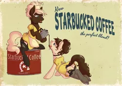 Size: 3000x2100 | Tagged: advertisement, artist:floots, can, clothes, coffee, derpibooru import, espresso, fallout equestria, female, females only, garter belt, kettle, latte, pinup, plot, sexy, starbucks, stockings, suggestive, twins, underhoof, underwear, vintage