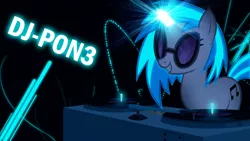 Size: 1920x1080 | Tagged: safe, artist:templarhappy, artist:uxyd, derpibooru import, vinyl scratch, pony, unicorn, female, glow, horn, lens flare, magic, mare, smiling, solo, sunglasses, teeth, text, turntable, vector, wallpaper