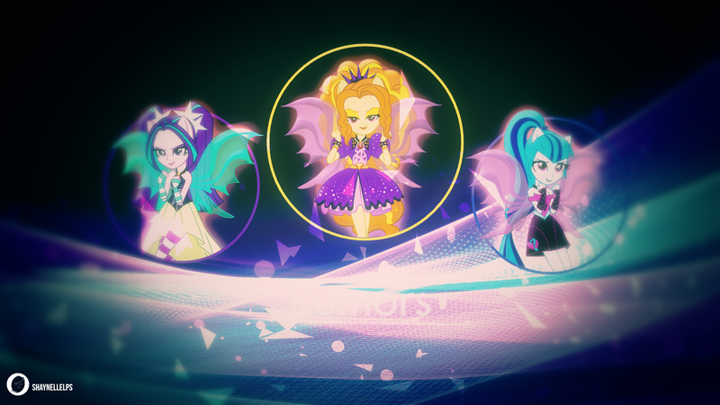 Size: 1920x1080 | Tagged: safe, artist:auburnborbon, artist:illumnious, derpibooru import, adagio dazzle, aria blaze, sonata dusk, equestria girls, rainbow rocks, clothes, cute, dress, fin wings, floating, ponied up, the dazzlings, vector, wallpaper