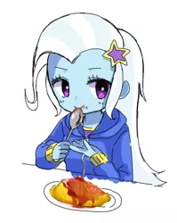 Size: 536x672 | Tagged: safe, artist:weiliy, derpibooru import, trixie, equestria girls, cute, diatrixes, eating, female, omurice, simple background, solo, spoon, white background