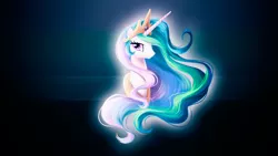 Size: 2560x1440 | Tagged: safe, artist:alanfernandoflores01, artist:fantazyme, derpibooru import, princess celestia, alicorn, pony, bust, cute, female, lidded eyes, looking at you, mare, portrait, smiling, solo, wallpaper, windswept mane