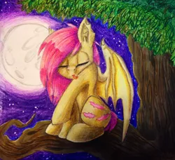 Size: 937x853 | Tagged: safe, artist:theorderofalisikus, derpibooru import, fluttershy, bat pony, pony, eyes closed, flutterbat, full moon, grooming, moon, night, sitting, sitting in a tree, solo, traditional art, tree