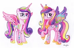 Size: 1434x933 | Tagged: artist:nancyksu, blind bag, derpibooru import, fantastic flutters, multeity, princess cadance, rainbow power, rainbow power-ified, raised hoof, safe, simple background, solo, toy, traditional art, white background