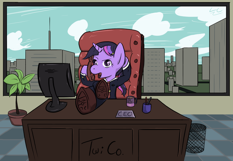 Size: 2291x1583 | Tagged: artist:liracrown, businessmare, chair, city, cityscape, computer screen, derpibooru import, desk, mug, my little ceo, office, phone, safe, trash can, twilight sparkle, window