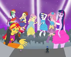 Size: 1957x1567 | Tagged: safe, artist:final7darkness, derpibooru import, applejack, flash sentry, fluttershy, pinkie pie, rainbow dash, rarity, spike, sunset shimmer, twilight sparkle, twilight sparkle (alicorn), dog, equestria girls, rainbow rocks, armpits, attack on pony, attack on titan, city, clothes, dancing, dress, fall formal, fall formal outfits, female, flashimmer, flashlight, giantess, humane seven, lights, macro, male, night, request, requested art, shipping, shoes, sky, spike the dog, stars, straight, suit, sunsetspike, this is our big night, tuxedo