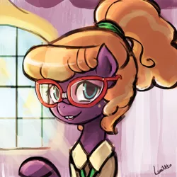 Size: 750x750 | Tagged: safe, artist:lumineko, derpibooru import, frazzle rock, pony, princess spike (episode), adorkable, beautiful, clothes, cute, dork, female, frazzlebetes, freckles, glasses, looking at you, mare, open mouth, pretty, solo