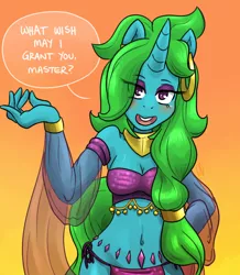 Size: 800x919 | Tagged: safe, artist:lucidlarceny, derpibooru import, oc, oc:wishy washy, unofficial characters only, anthro, genie, unicorn, anthro oc, belly button, belly dancer, breasts, dialogue, female, midriff, solo