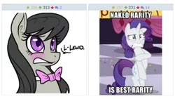 Size: 621x350 | Tagged: artist:reiduran, blushing, derpibooru, derpibooru import, exploitable meme, juxtaposition, juxtaposition win, meme, meta, naked rarity, octavia melody, rarity, safe