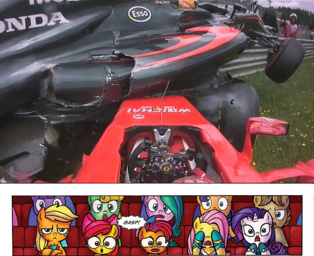 Size: 616x502 | Tagged: accident, apple bloom, applejack, applejack is not amused, audience reaction, babs seed, derpibooru import, fernando alonso, ferrari, fluttershy, formula 1, kimi raikkonen, mclaren, racing, rekt, safe, spielburg, wreckage