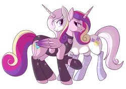 Size: 1015x717 | Tagged: suggestive, artist:lulubell, derpibooru import, fleur-de-lis, princess cadance, alicorn, pony, unicorn, clothes, cutie mark, female, fleurdance, grin, heart, horn, infidelity, latex, lesbian, shipping, simple background, smiling, socks, transparent background, wings