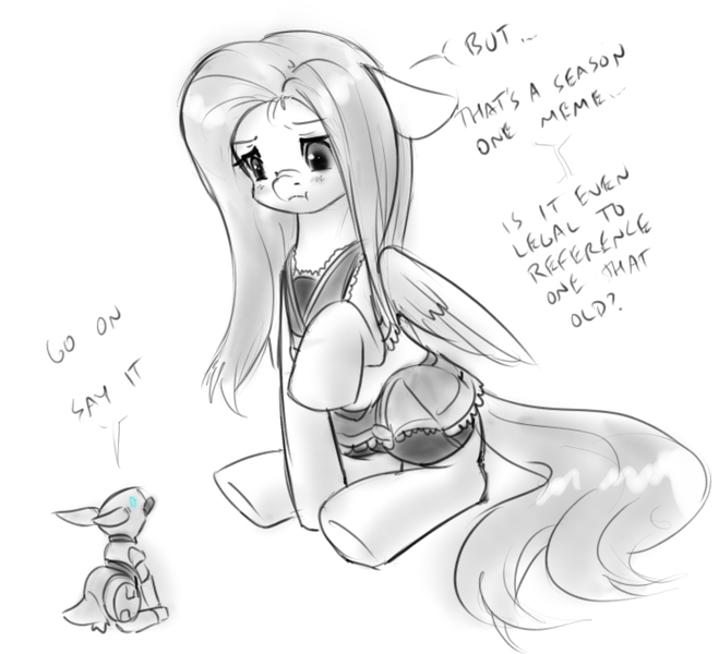 Size: 732x666 | Tagged: artist:alloyrabbit, clothes, derpibooru import, dialogue, dress, fluttershy, maid, meme, monochrome, nose wrinkle, oc, rabbit, robot, safe, scrunchy face, yay