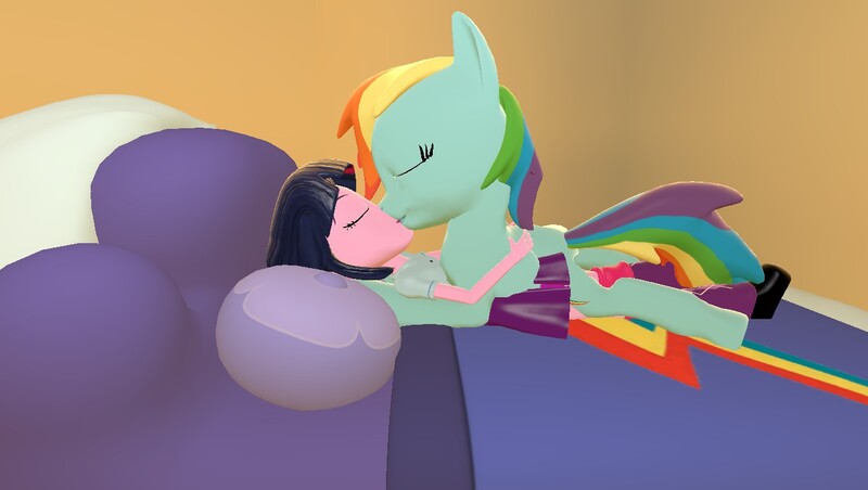 Size: 1360x768 | Tagged: suggestive, artist:mk513, derpibooru import, rainbow dash, twilight sparkle, pony, equestria girls, 3d, bed, female, gmod, human on pony action, humanized human on pony action, interspecies, kissing, lesbian, shipping, twidash