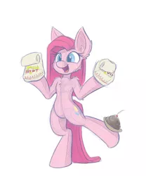 Size: 1000x1200 | Tagged: safe, artist:heir-of-rick, derpibooru import, pinkie pie, pony, bipedal, fast food, hoof hold, ice cream, impossibly large ears, in n out, open mouth, pinkamena diane pie, sketch, smiling, solo, sundae