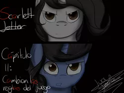 Size: 1600x1200 | Tagged: safe, artist:scarlett-letter, derpibooru import, oc, oc:paperback writer, oc:phoenix feather, unofficial characters only, pony, fanfic, angry, glance, male, scarlett letter, spanish, stallion, stare, text